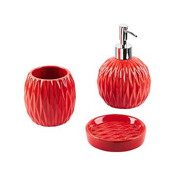 3-piece Bathroom Accessories Set Red Dolomite Glam Soap Dispenser Soap Dish Toothrbrush Holder Cup Beliani