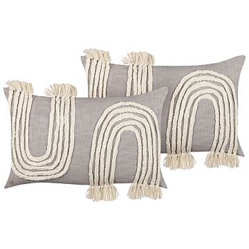 Set Of 2 Decorative Cushionsgrey And Beige Cotton 35 X 55 Cm Geometric Pattern With Tassels Boho Decor Accessories Beliani