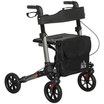 Homcom 4 Wheel Rollator With Seat And Back, Folding Mobility Walker With Carry Bag, Adjustable Height, Dual Brakes, Cane Holder, Lightweight Aluminium Walking Frame For Seniors And Disabled, Silver