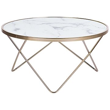 Coffee Table White Marble Effect Tempered Glass Top Gold Metal Hairpin Legs Round Shape Beliani