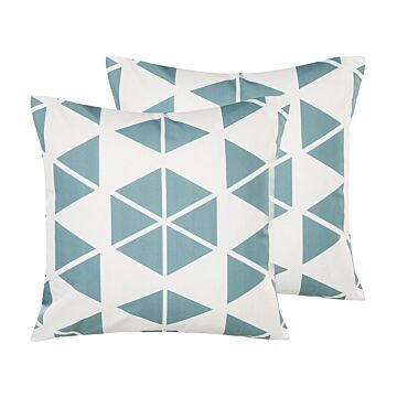 Set Of 2 Outdoor Garden Pillows White And Blue Polyester Square 45 X 45 Cm Triangle Geometric Pattern Beliani