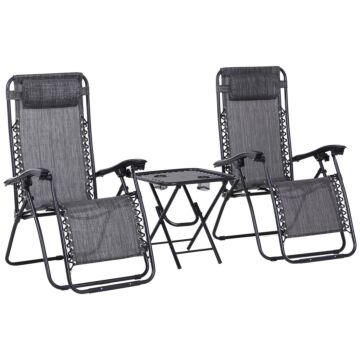 Outsunny 3pcs Folding Zero Gravity Chairs Sun Lounger Table Set W/ Cup Holders Reclining Garden Yard Pool, Light Grey
