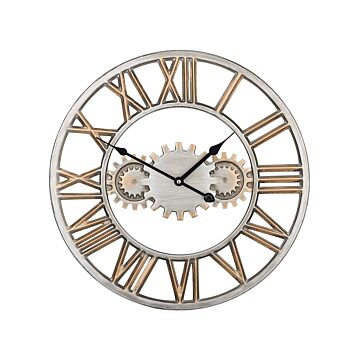 Wall Clock Silver Distressed Iron Frame Industrial Design Gears Roman Numerals Round 46 Cm Beliani