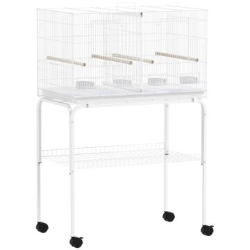 Pawhut Bird Cage With Divider, 4 Wooden Perches, Slide Out Tray, 4 Feeders, For Budgie, Lovebird, Canary, 76 X 46 X 116cm White