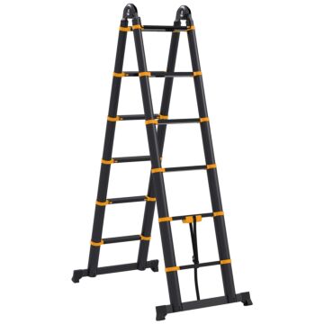 Homcom 3.8m Duo Aluminium Ladder W/ Tool Holder Herringbone Deployed Extendable Diy W/ 12 Non-slip Steps, Yellow