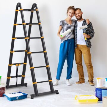 Homcom 3.8m Duo Aluminium Ladder W/ Tool Holder Herringbone Deployed Extendable Diy W/ 12 Non-slip Steps, Yellow