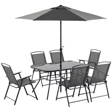 Outsunny 8 Pieces Metal Garden Furniture Set With Parasol And Folding Chairs, Patio Dining Set, 6 Seater Outdoor Table And Chairs With Tempered Glass Top, Black