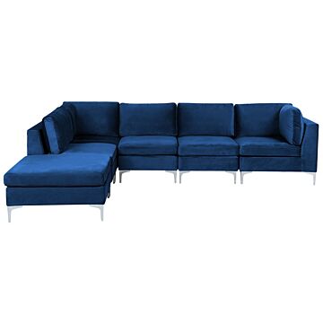 Right Hand Modular Corner Sofa Blue Velvet 5 Seater With Ottoman L-shaped Silver Metal Legs Glamour Style Beliani