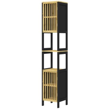 Homcom Tall Bathroom Storage Cabinet, Slim Bamboo Bathroom Cabinet With 2 Open Compartments, 2 Slatted Doors And Adjustable Shelves, Black