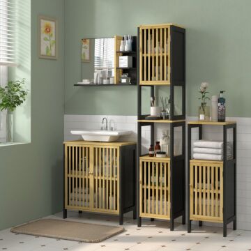 Homcom Tall Bathroom Storage Cabinet, Slim Bamboo Bathroom Cabinet With 2 Open Compartments, 2 Slatted Doors And Adjustable Shelves, Black