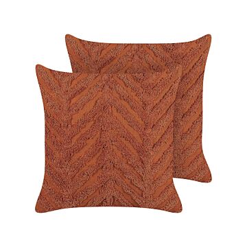 Set Of 2 Scatter Cushions Orange Cotton 45 X 45 Cm Geometric Pattern Removable Cover With Filling Boho Style Beliani