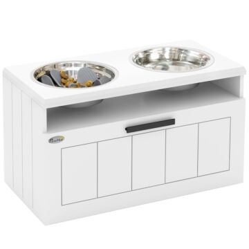Pawhut Raised Dog Bowl With Slow Feeder & 2 Stainless Steel Dog Bowl, 25l Storage Drawer, For Large & Extra Large Dogs, White