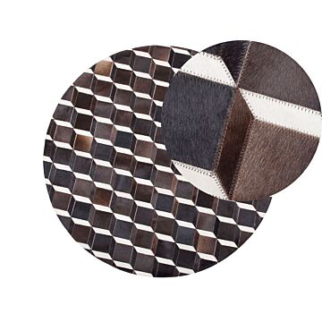 Rug Brown Leather 140 Cm Modern Patchwork Cowhide 3d Pattern Handcrafted Round Carpet Beliani