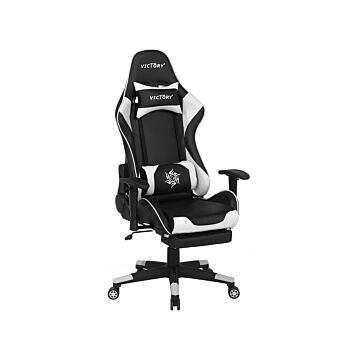 Gaming Chair Black White Faux Leather Swivel Adjustable Armrests And Height Footrest Modern Beliani
