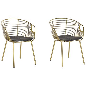 Set Of 2 Dining Chairs Gold Metal Wire Design Faux Leather Black Seat Pad Glam Industrial Modern Beliani