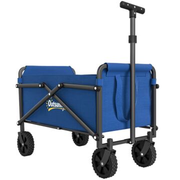 Outsunny 41l Festival Trolley On Wheels, Small Garden Folding Trolley Cart, 60kg Heavy Duty Collapsible Folding Wagon With Adjustable Handle And Carrying Bag For Beach, Camping, Festival, Blue