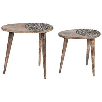 Set Of 2 Side Tables Dark Mango Wood Decorative Coffee Side Table Small Living Room Furniture Oriental Design Beliani