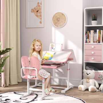 Aiyaplay Height Adjustable Kids Desk And Chair Set, School Study Writing, Reading Table Chair Set W/ Tilted Desktop, Pink