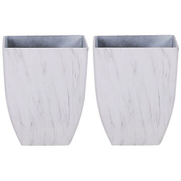 Set Of 2 Outdoor Indoor Plant Pots 35x35x42.5 Marble Effect White Stone Mixture Square Modern Design Beliani