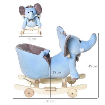 Homcom 2 In 1 Plush Baby Ride On Rocking Horse Elephant Rocker With Wheels Wooden Toy For Kids 32 Songs (blue)