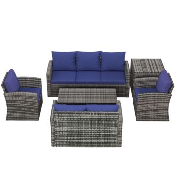 Outsunny 6 Pieces Outdoor Rattan Wicker Sofa Set Sectional Patio Conversation Furniture Set W/ Storage Table & Cushion Navy Blue