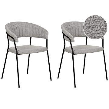 Set Of 2 Dining Chairs Grey Boucle Fabric Upholstery Black Metal Legs With Armrests Curved Backrest Modern Contemporary Design Beliani