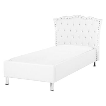 Eu Single Size Bed White Faux Leather 3ft Upholstered Frame Nailhead Trim Crystal Buttons Headrest Beliani