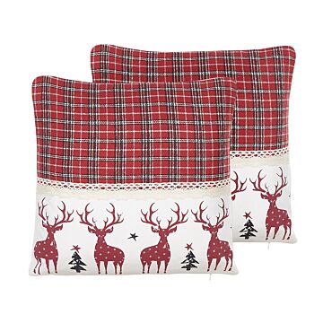 Set Of 2 Cushions Red And White Cotton 45 X 45 Cm Plaid And Reindeer Pattern Christmas Holiday Beliani