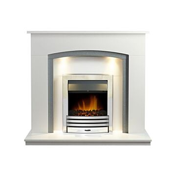 Adam Savanna Fireplace In Pure White & Grey With Downlights & Eclipse Electric Fire In Chrome, 48 Inch