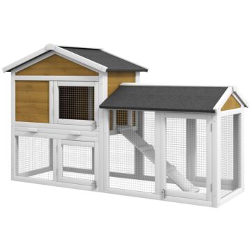 Pawhut Wooden Rabbit Hutch Outdoor, Double Tier With Water-resistant Roof, Ramp 147 X 54 X 84 Cm, Yellow