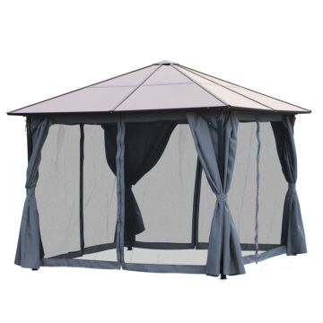 Outsunny 4 X 3(m) Garden Aluminium Gazebo Hardtop Roof Canopy Marquee Party Tent Patio Outdoor Shelter With Mesh Curtains & Side Walls - Grey