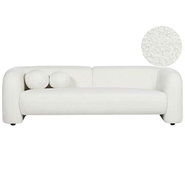 3 Seater Sofa White Boucle Fabric Soft Nubby With Extra Throw Cushions Retro Glam Art Decor Style Beliani