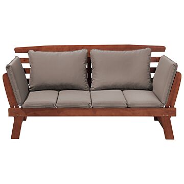 Garden Bench Dark Eucalyptus Wood Grey Cushions Outdoor 2 Seater With Reclining Armrests Beliani