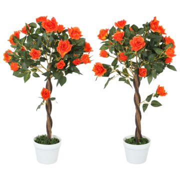 Outsunny Set Of 2 Artificial Plants White Rose Floral In Pot, Fake Plants For Home Indoor Outdoor Decor, 90cm, Orange