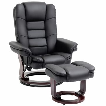 Homcom Manual Recliner And Footrest Set Pu Leather Leisure Lounge Chair Armchair With Swivel Wood Base, Black