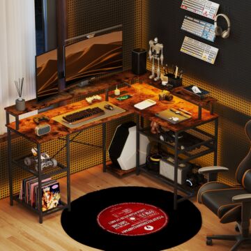 Homcom L Shaped Gaming Desk With Led Lights And Power Outlets, 150cm Corner Computer Desk With Monitor Stand And Storage Shelves, Home Office Desk For Small Space, Rustic Brown