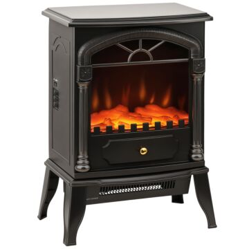 Homcom Electric Fireplace Stove Heater With 3d Flame Effect, 2000w/1000w, Freestanding Portable Fireplace With Adjustable Thermostat, 2 Heat Settings For Living Room, Black