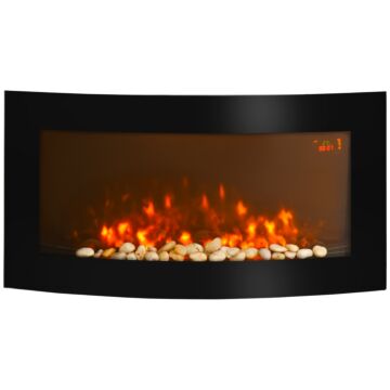 Homcom Led Wall Mounted Fireplace Curved Glass Electric Fire Place Fire Place 7 Colour Side Lights Slimline, 1000/2000w, 89.2cm X 48cm