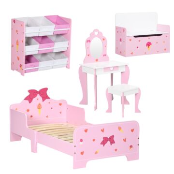 Zonekiz 5pcs Kids Bedroom Furniture Set With Bed, Toy Box Bench, Storage Unit, Dressing Table And Stool, Princess Themed, For 3-6 Years Old, Pink