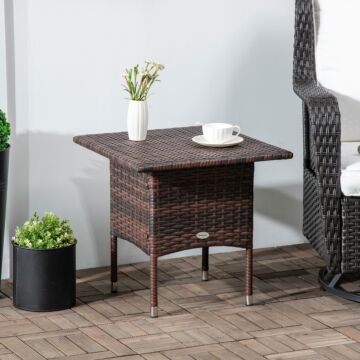 Outsunny Outdoor Rattan Side Table Coffee Table With Plastic Board, Full Woven Table Top For Patio, Garden, Balcony, Mixed Brown