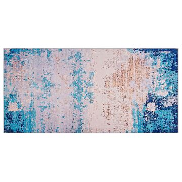 Area Rug Carpet Blue Polyester Fabric Abstract Distressed Pattern Rubber Coated Bottom 80 X 150 Cm Beliani
