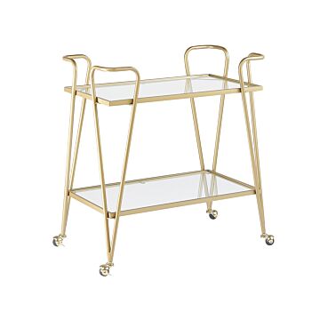 Kitchen Trolley Gold Metal Glass 75 X 45 Cm Glamour Wheels Open Storage Two Tops Living Room Beliani