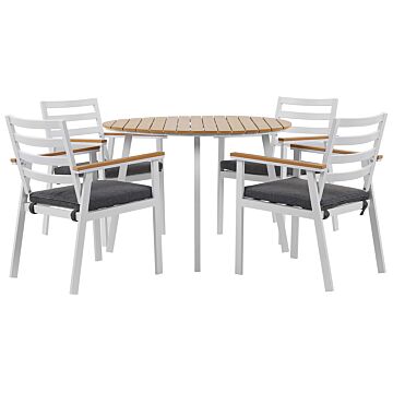 Outdoor Dining Set White Aluminium 4 Seater Round Table 105 Cm Slatted Chairs With Grey Seat Pads Beliani
