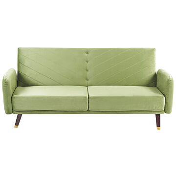 Sofa Bed Olive Green Velvet Fabric Modern Living Room 3 Seater Wooden Legs Track Arm Beliani