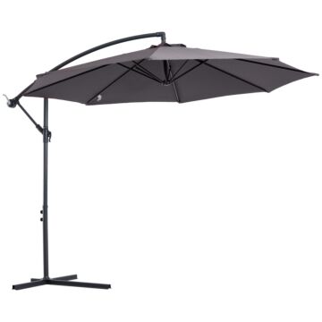 Outsunny 3(m) Garden Banana Parasol Hanging Cantilever Umbrella With Crank Handle, 8 Ribs And Cross Base For Outdoor, Sun Shade, Grey