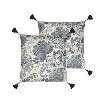 Set Of 2 Decorative Cushions Beige With Grey Polyester Cotton 45 X 45 Cm Glamour Paisley Print Decor Accessories Beliani