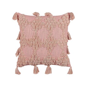 Scatter Cushion Pink Cotton 45 X 45 Cm Geometric Pattern Tassels Removable Cover With Filling Boho Style Beliani