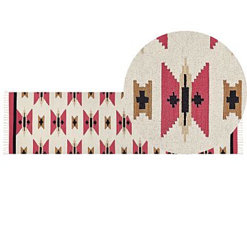 Kilim Area Rug Multicolour Cotton 80 X 300 Cm Handwoven Reversible Flat Weave Geometric Pattern With Tassels Traditional Boho Living Room Bedroom Beliani