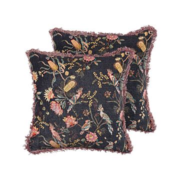 Set Of 2 Decorative Cushions Black Pink Cotton 45 X 45 Cm Velvet Flower Motif Fringed Modern Glamour Decor Beliani