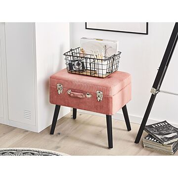 Stool With Storage Pink Corduroy Upholstered Black Legs Suitcase Design Buttoned Top Beliani